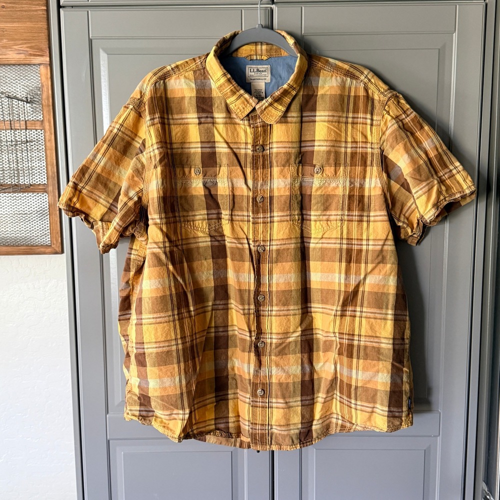 LL Bean Vintage Mens Plaid Traditional Fit Short Sleeve Shirt, Yellow Brown, XL